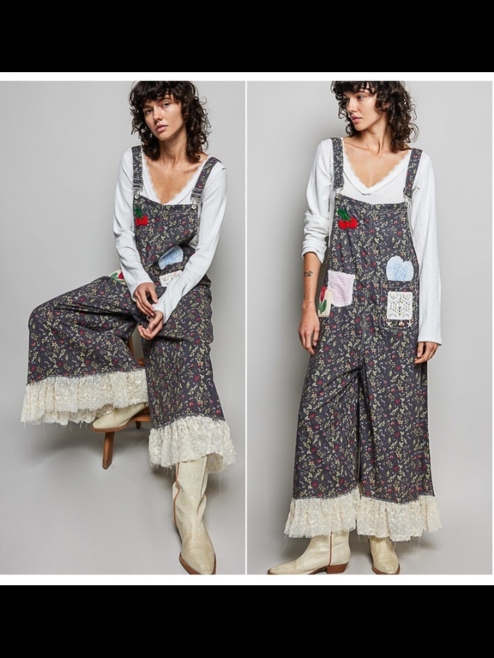 POL Floral Patchwork Lace-Trim Overalls in Navy with Cream Lace NWOT